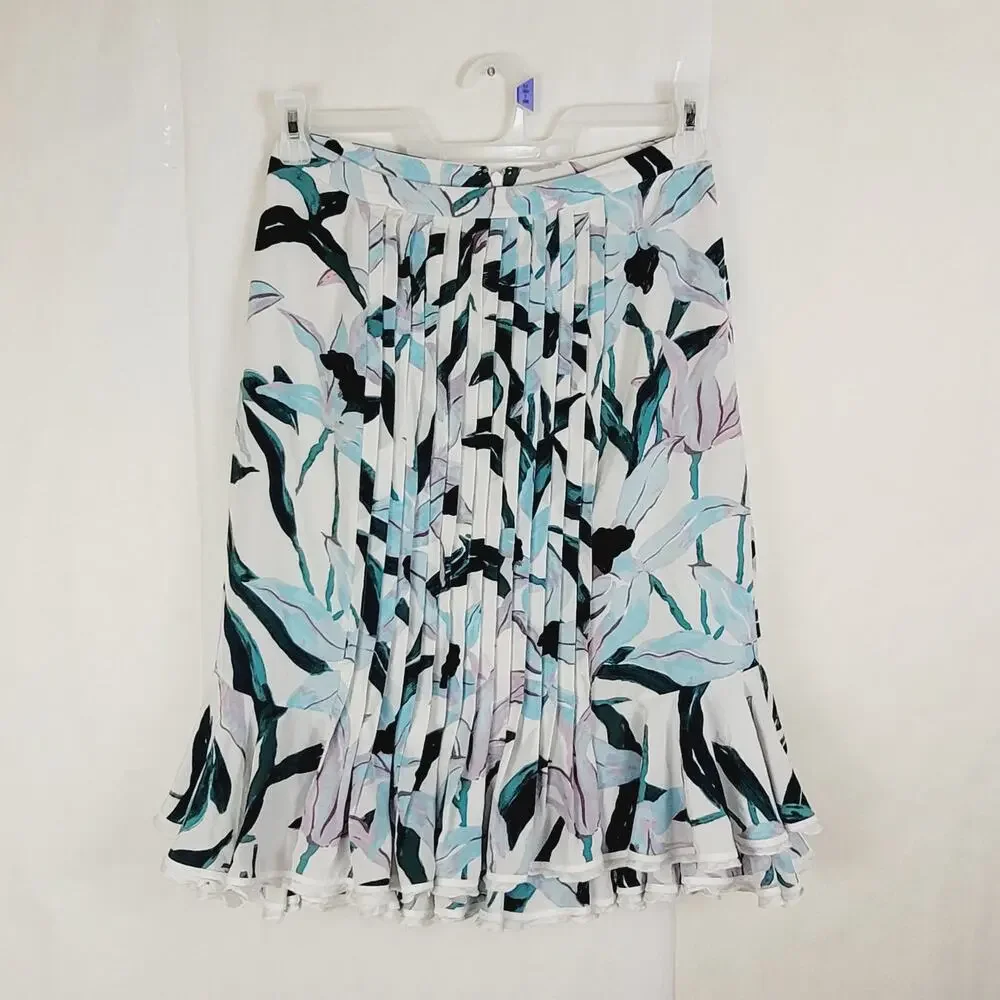 Tory Burch Louisa 100% silk floral pleated ruffled hem midi skirt Sz 6 feminine
